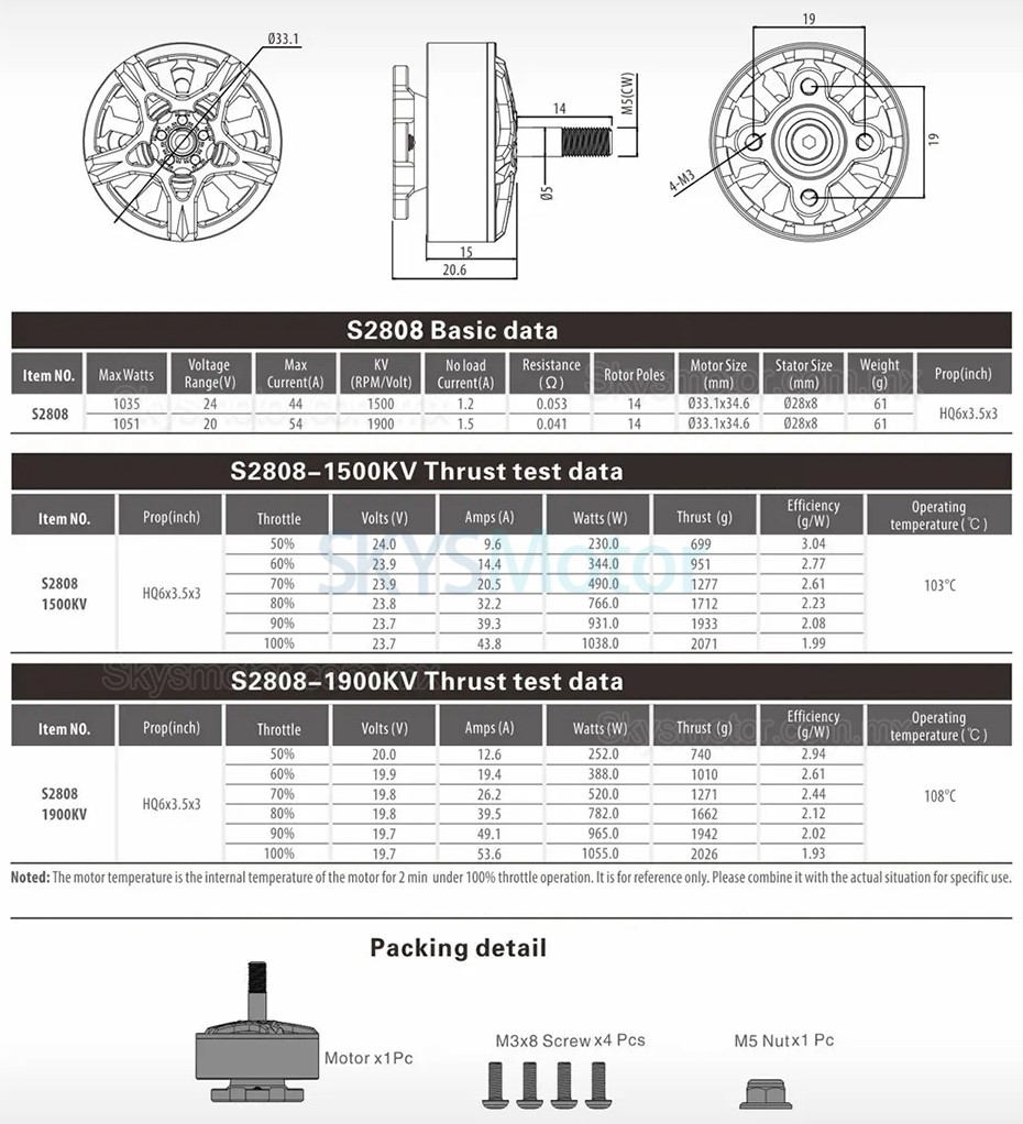 Surpass Hobby S2808 1500KV /1900KV Motores para drones brushless (Hélice compatible HQ6x3.5x3)